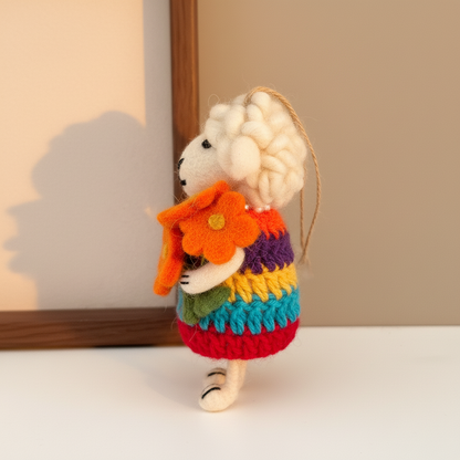 Side view of rainbow bouquet wool felt sheep pendant - handcrafted ornament charm
