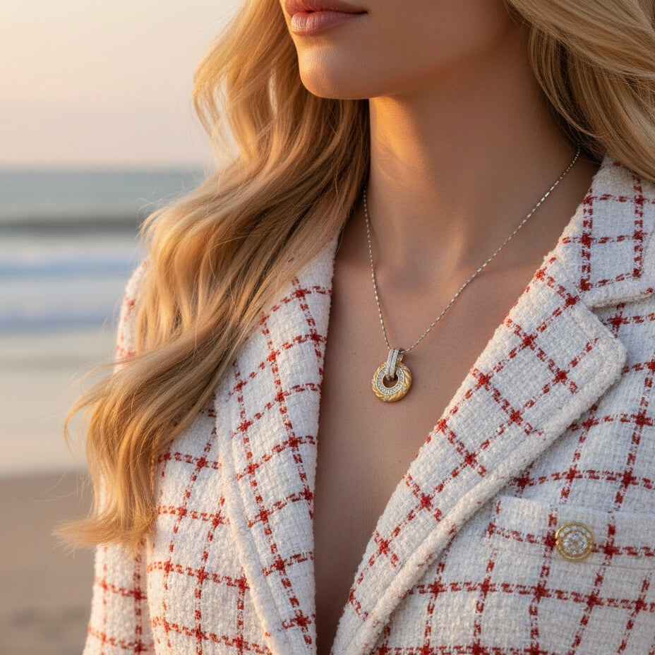 Woman wearing S925 sterling silver growth ring necklace - lifestyle photo showing 18K gold pendant
