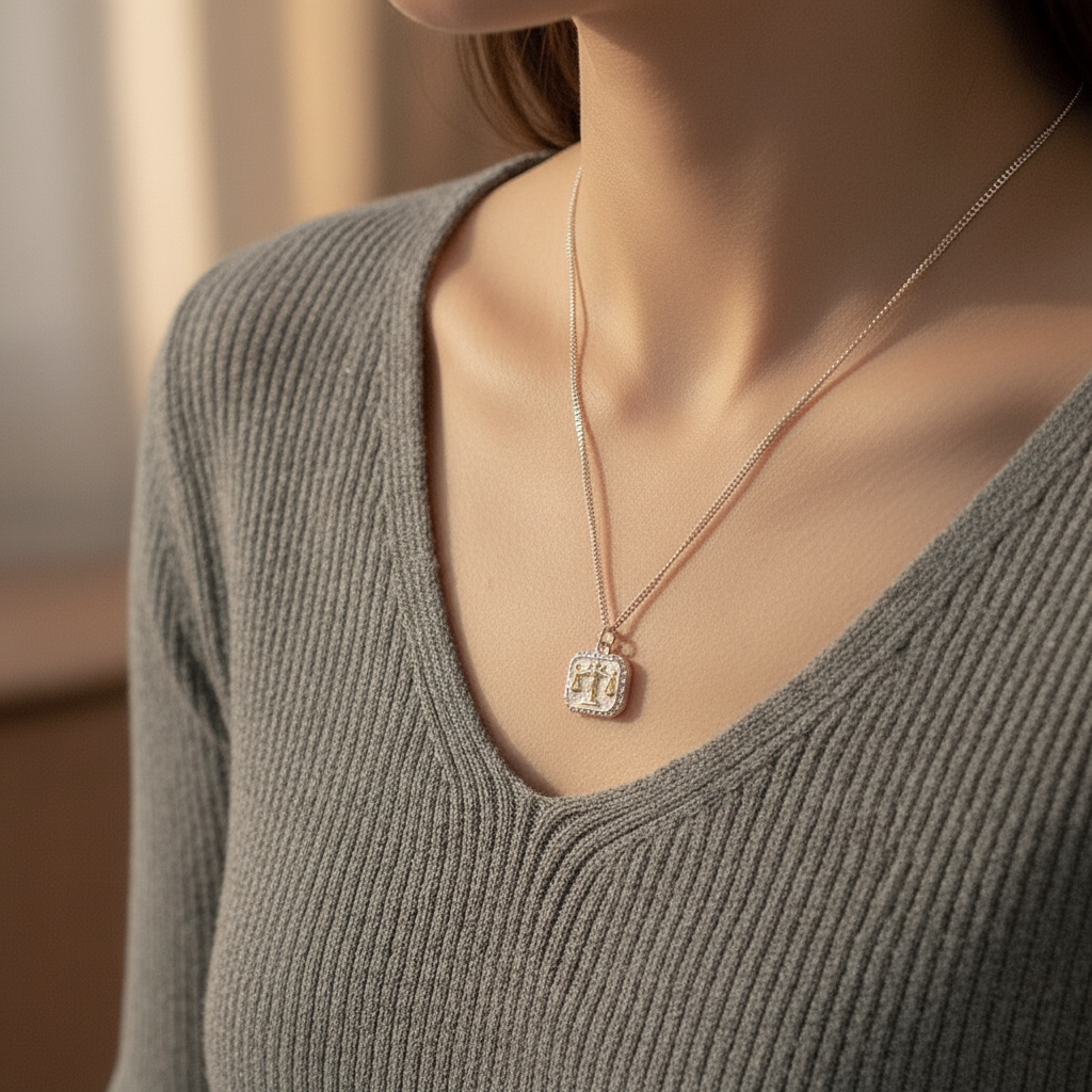 Libra scales necklace styled on model - S925 silver with bicolor gold and silver pendant
