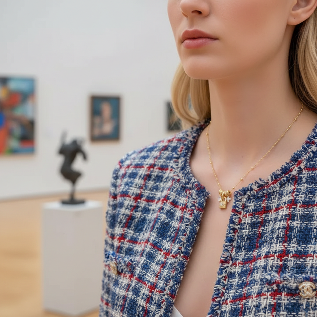 Woman wearing S925 sterling silver lock cross necklace - lifestyle photo showing 23K gold pendant
