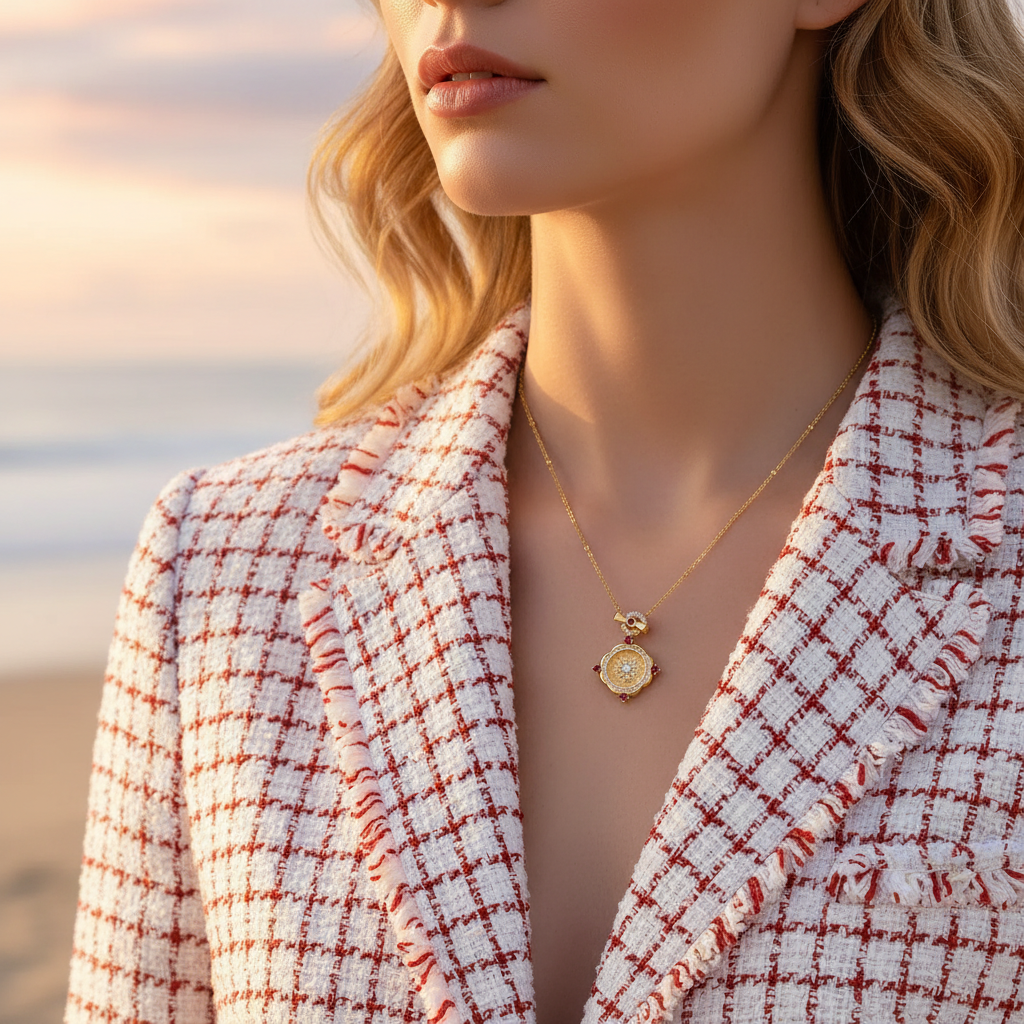 Vintage rose window necklace styled on model - S925 silver with 18K gold plated Gothic pendant
