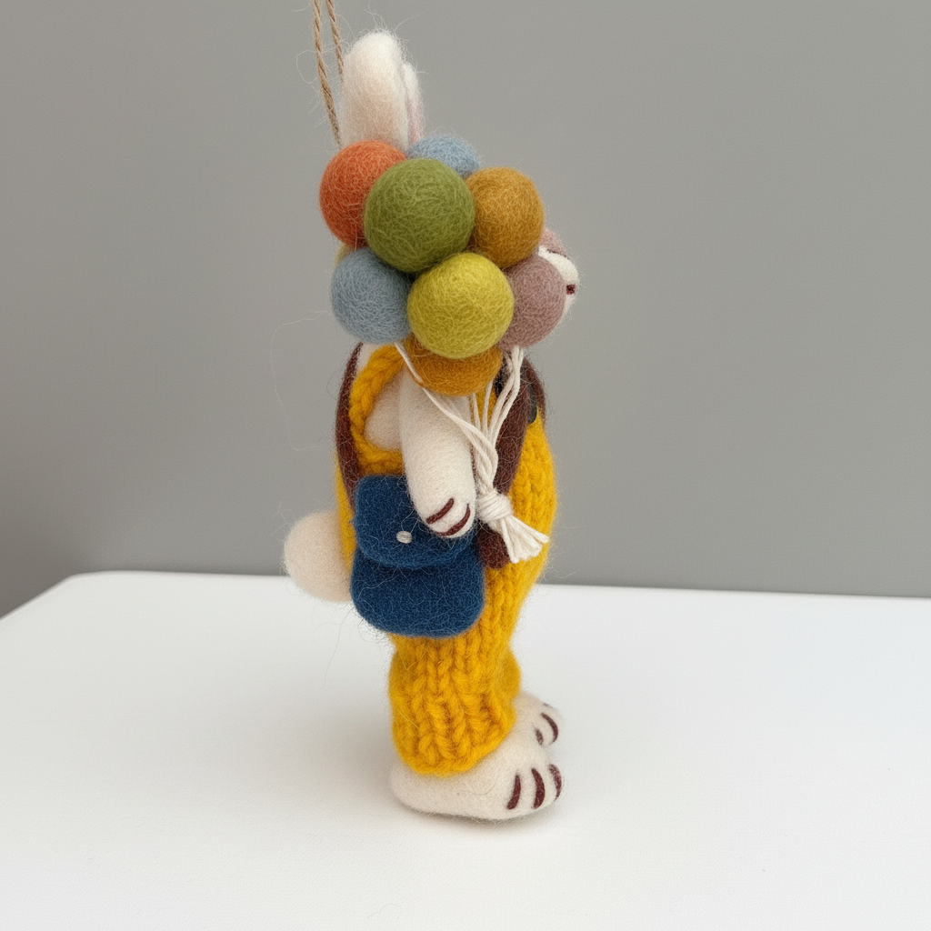 Side view of balloon bunny wool felt pendant - handcrafted ornament charm in overalls
