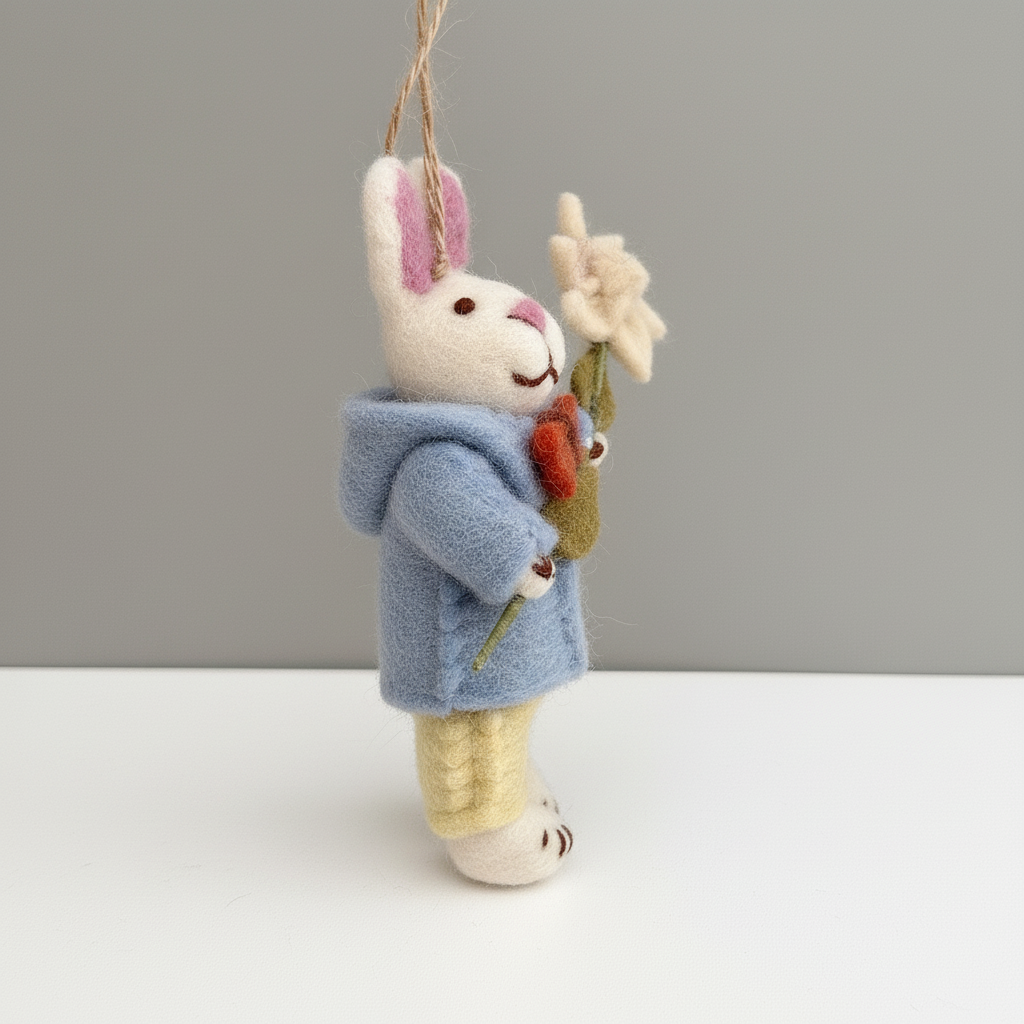 Side view of gentleman bunny wool felt pendant - handcrafted ornament charm with flower
