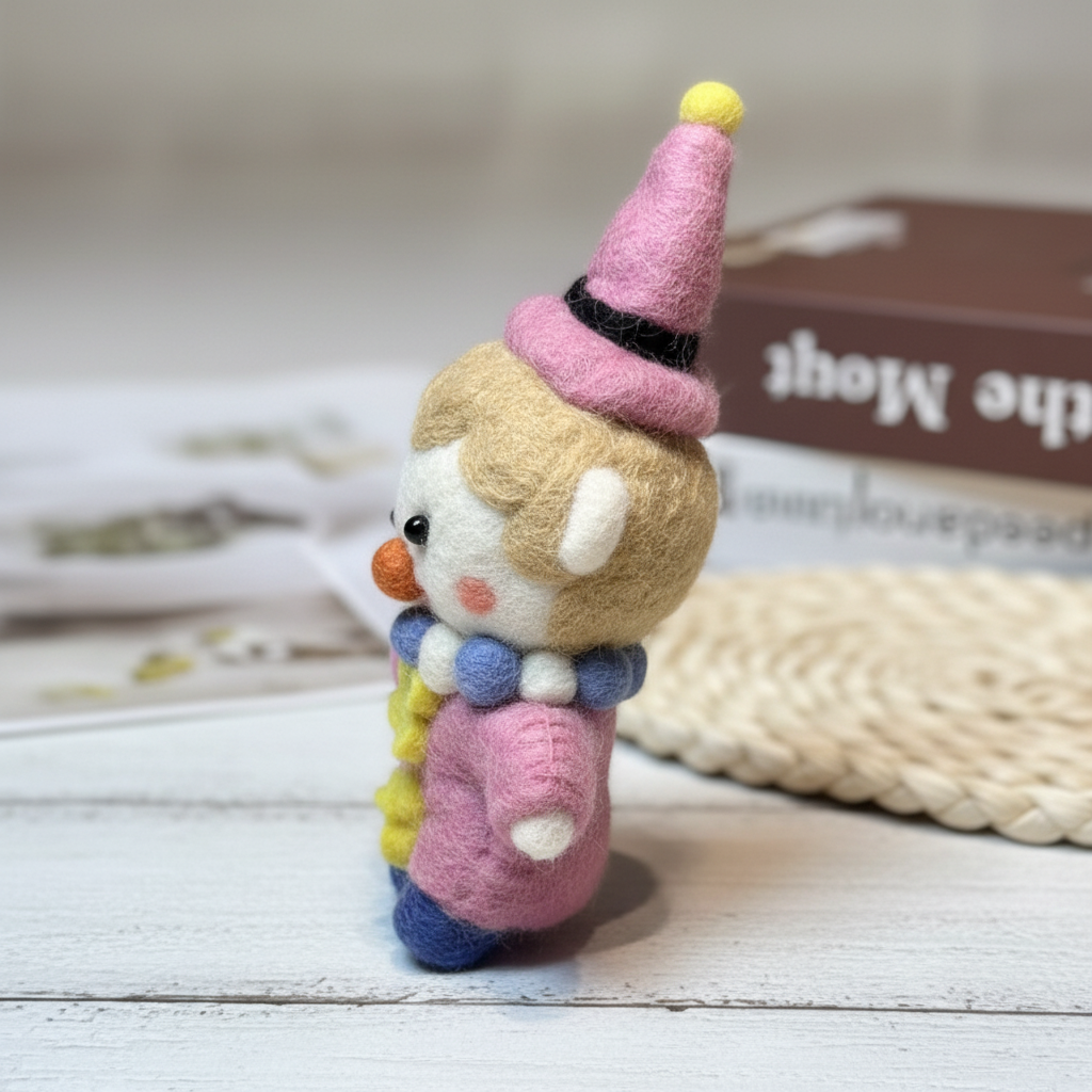 Side view of pastel circus clown wool felt pendant - handcrafted ornament charm
