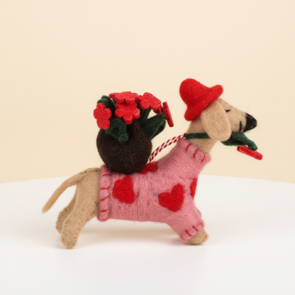 Side view of sweetheart rose pup wool felt pendant - handcrafted ornament charm
