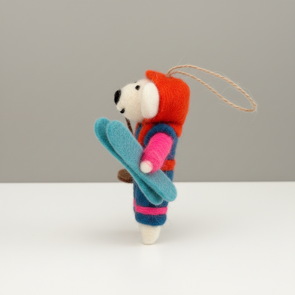 Side view of ski adventure wool felt dog pendant - handcrafted ornament charm
