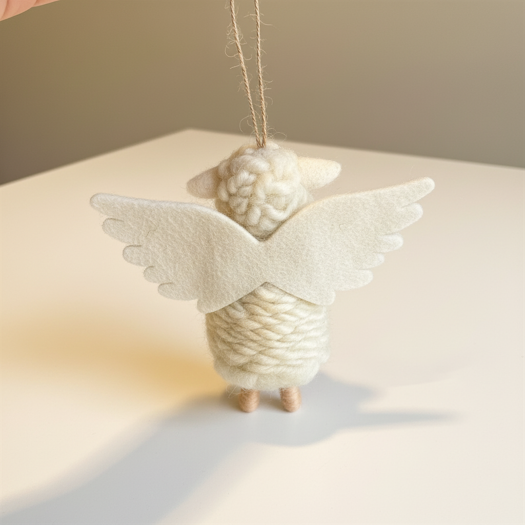 Back view of handmade wool felt lamb charm showing felt construction
