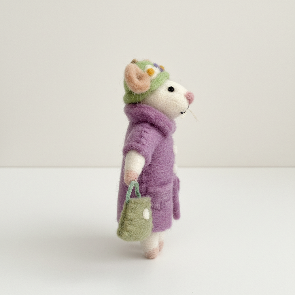 Side view of lavender purple wool felt mouse pendant - handcrafted ornament charm
