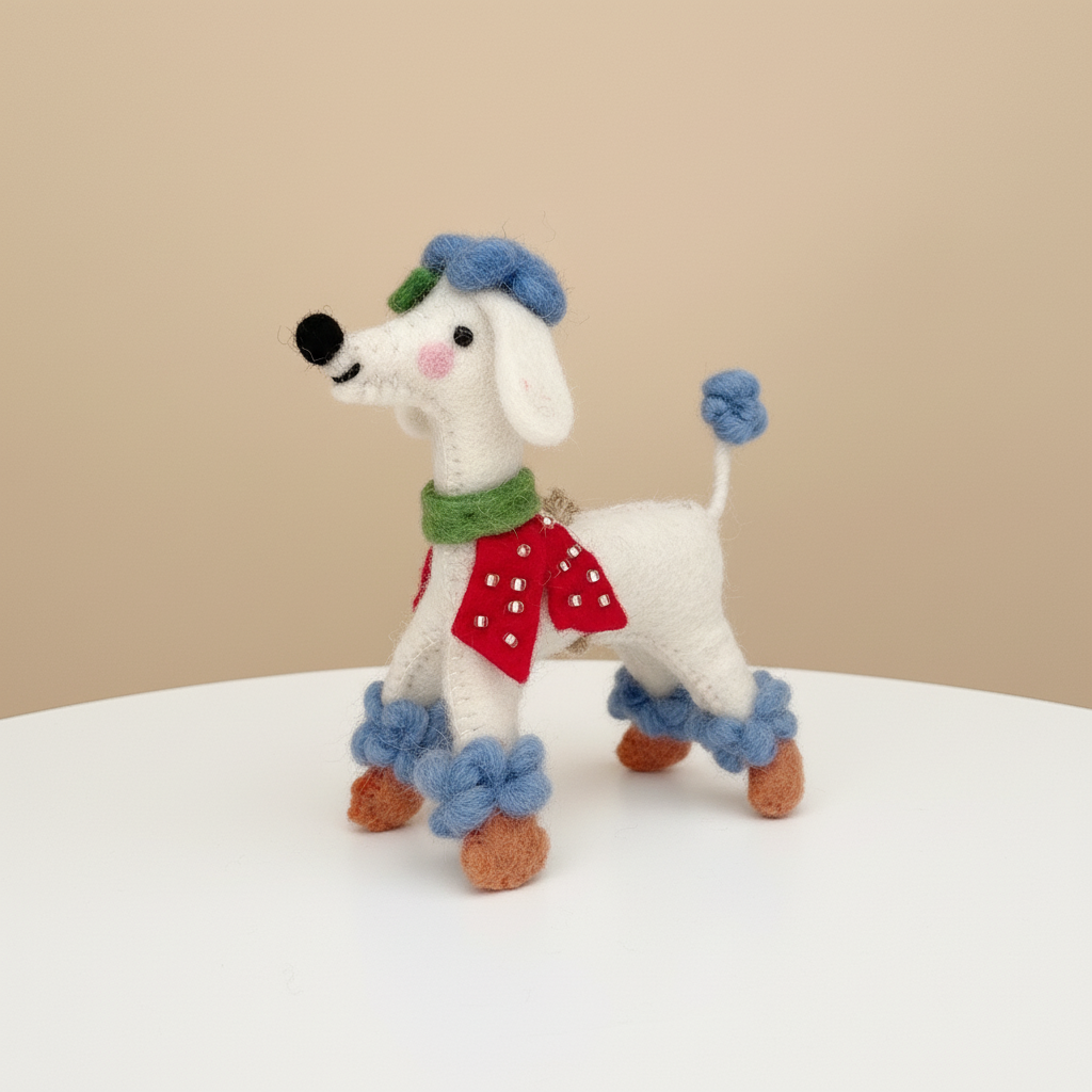 Side view of chic poodle wool felt pendant - handcrafted ornament charm
