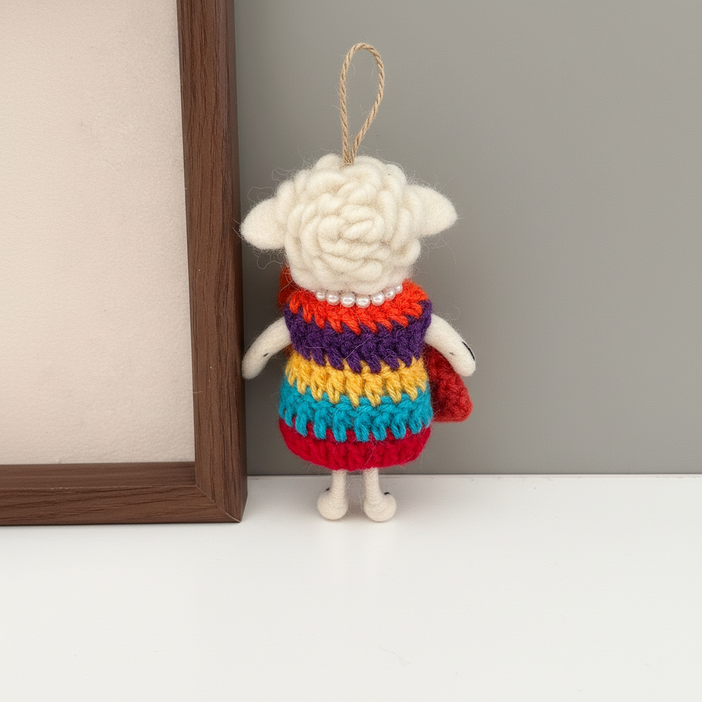 Back view of handmade wool felt sheep charm showing felt construction
