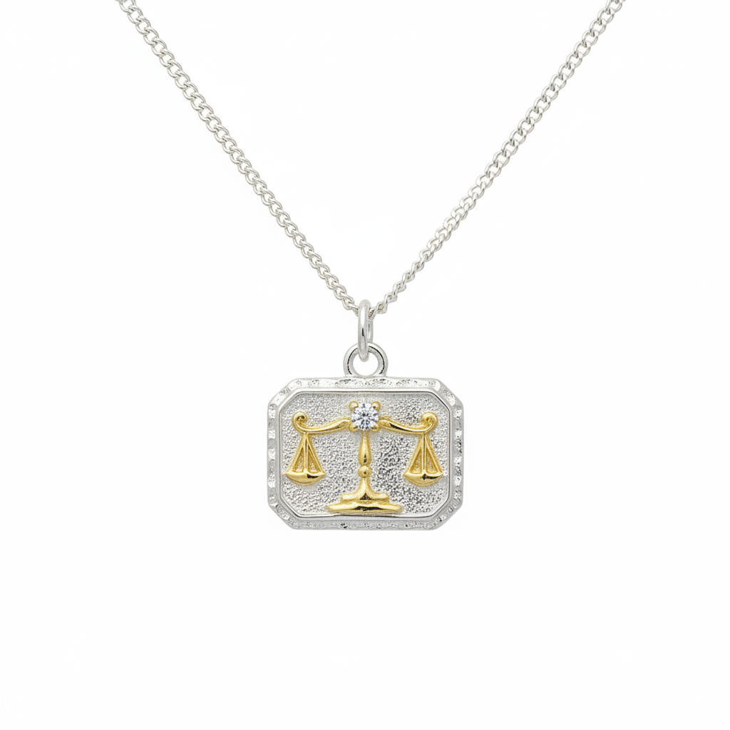 S925 sterling silver Libra scales necklace on white background - bicolor gold silver zodiac pendant
