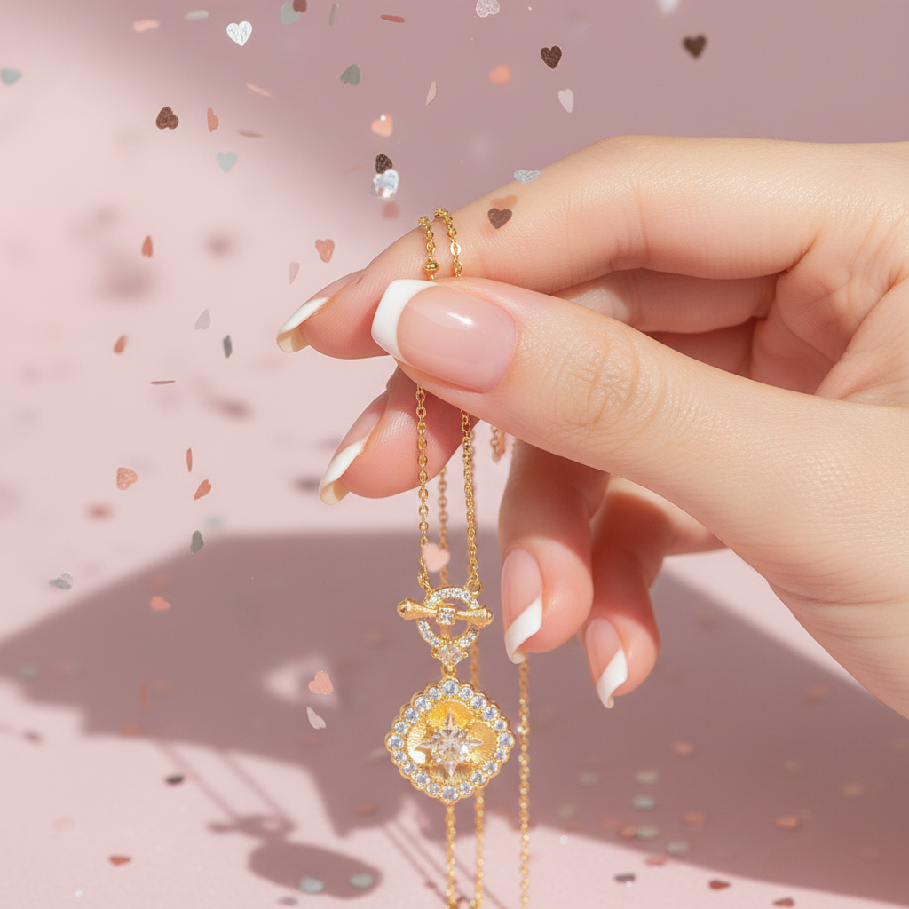 Octagram star necklace styled on model - S925 silver with 18K gold plated pendant
