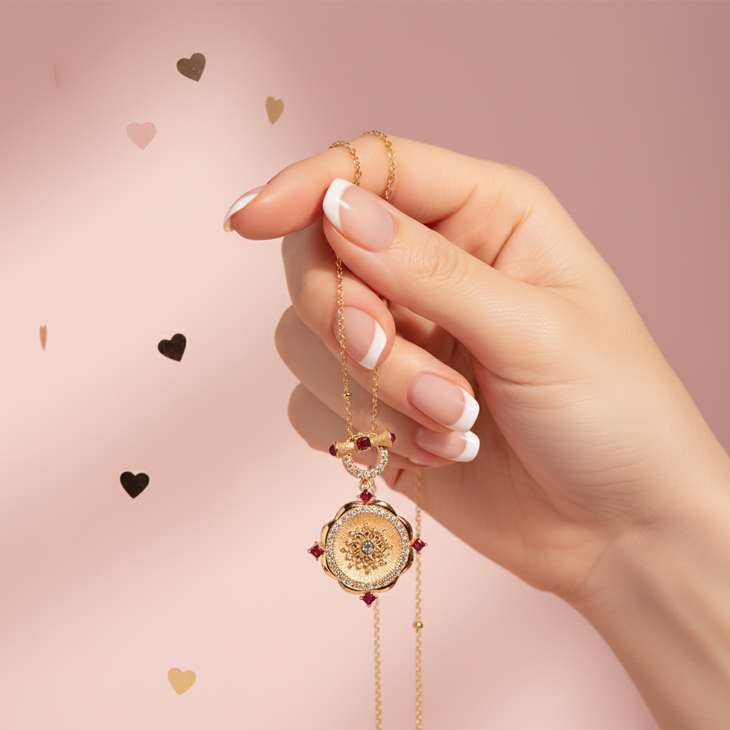 Rose window pendant necklace lifestyle shot - S925 sterling silver with 18K gold vintage design
