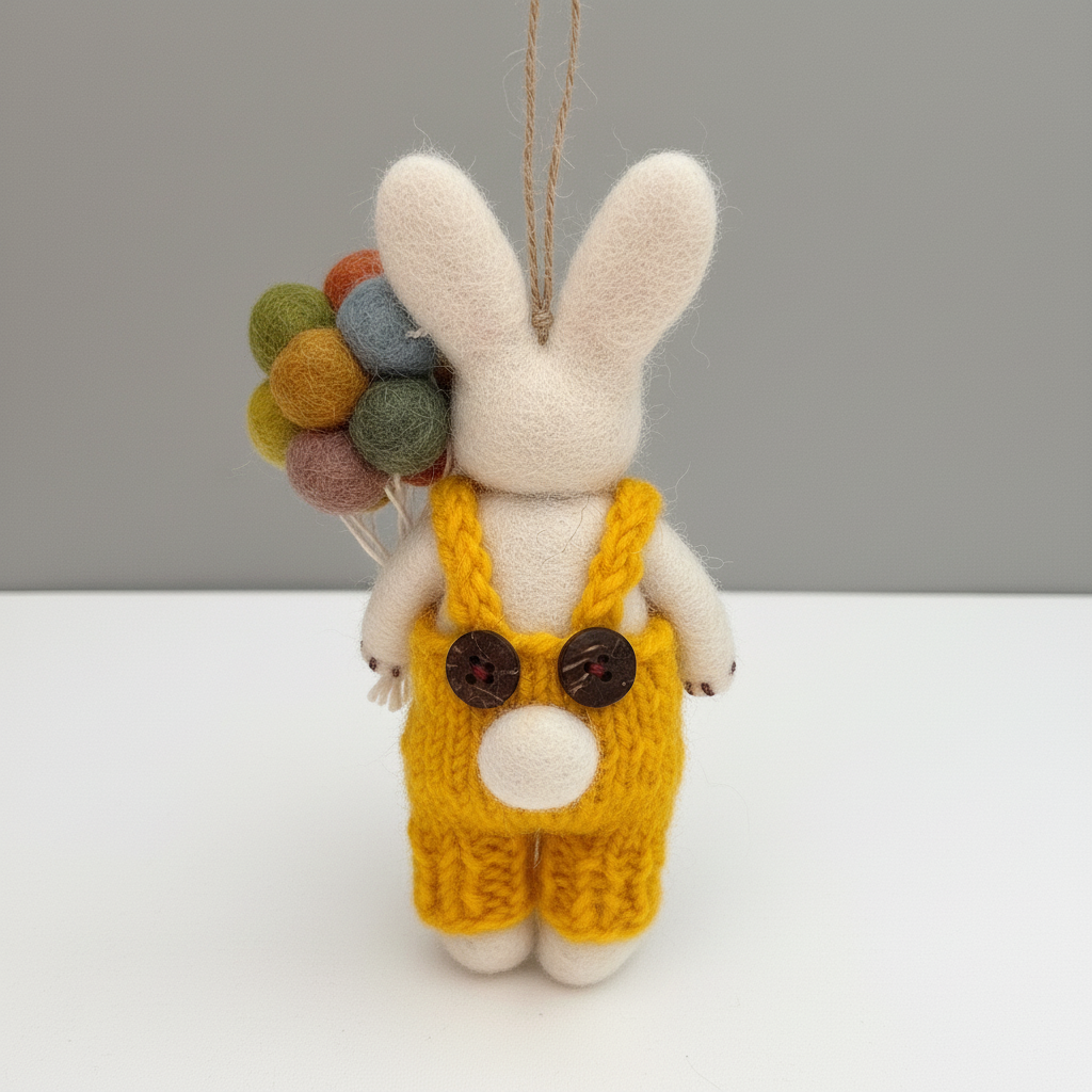 Back view of handmade wool felt balloon bunny charm showing felt construction
