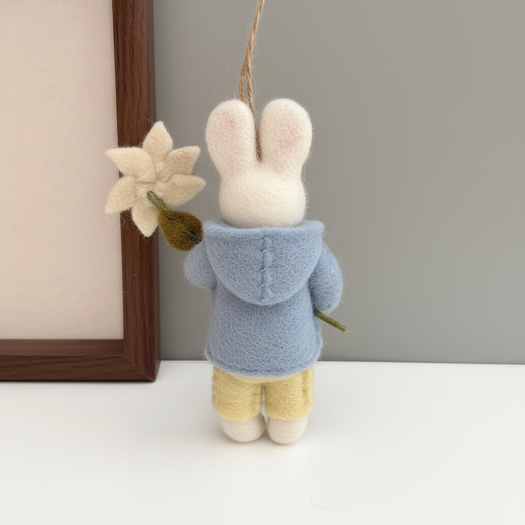 Back view of handmade wool felt gentleman bunny charm showing felt construction
