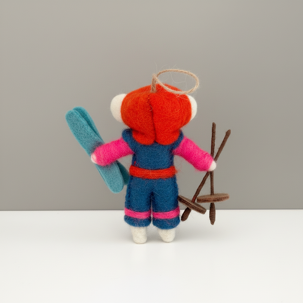 Back view of handmade wool felt ski dog charm showing felt construction
