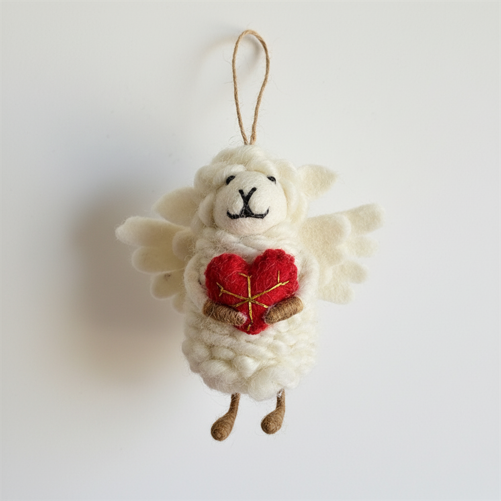 Front view of handmade Nepalese wool felt angel heart lamb charm
