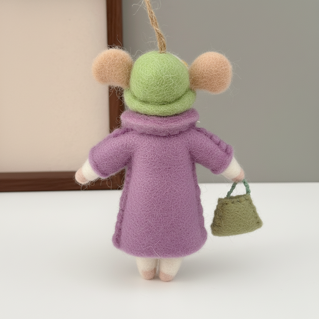 Back view of handmade wool felt mouse charm showing lavender purple felt construction
