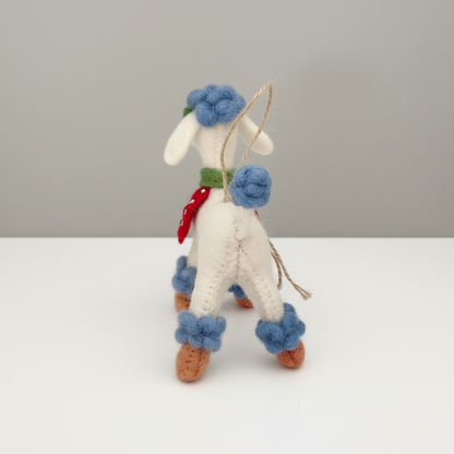 Back view of handmade wool felt poodle charm showing felt construction
