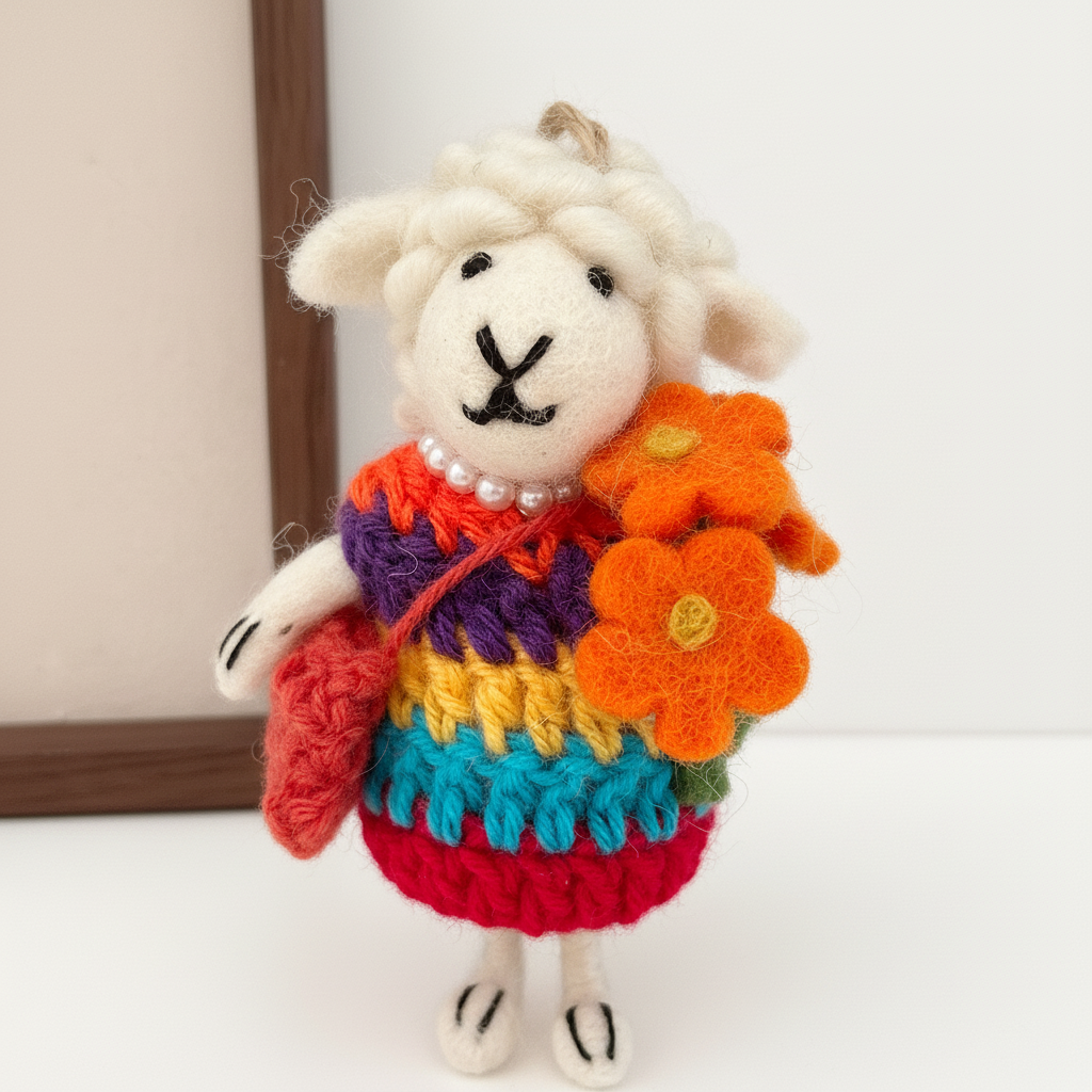 Front view of handmade Nepalese wool felt sheep charm with rainbow bouquet
