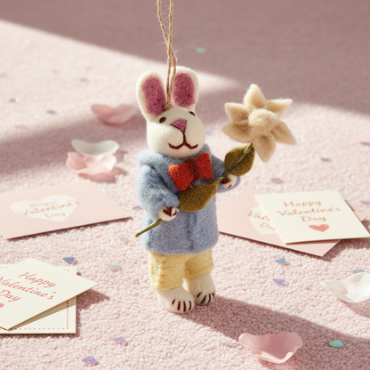 Handmade wool felt gentleman bunny charm lifestyle photo - Nepalese artisan ornament display
