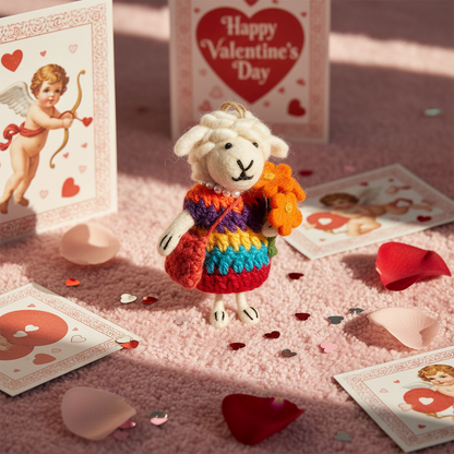 Handmade wool felt rainbow bouquet sheep charm lifestyle photo - Nepalese artisan ornament display
